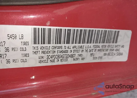 2016 Dodge Journey Sxt z USA, uszkodzony, nr VIN 3C4PDCBG4GT224867